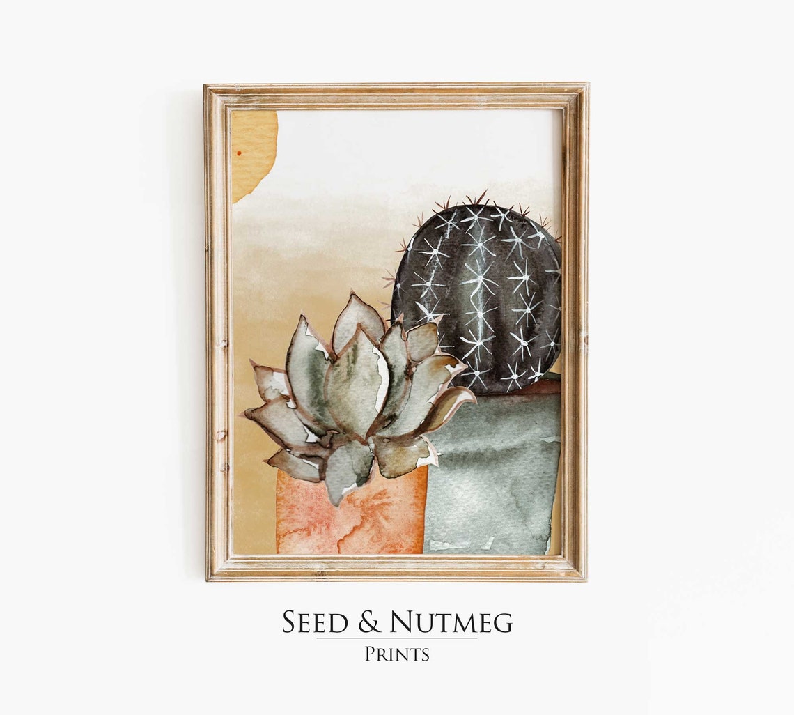 Potted Succulent And Barrel Cactus Desert Watercolor Wall Art
