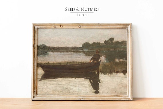 Vintage Small Boat Landscape Wall Art Oil Painting Vintage Muted Neutral Wall Decor Wall Art 234