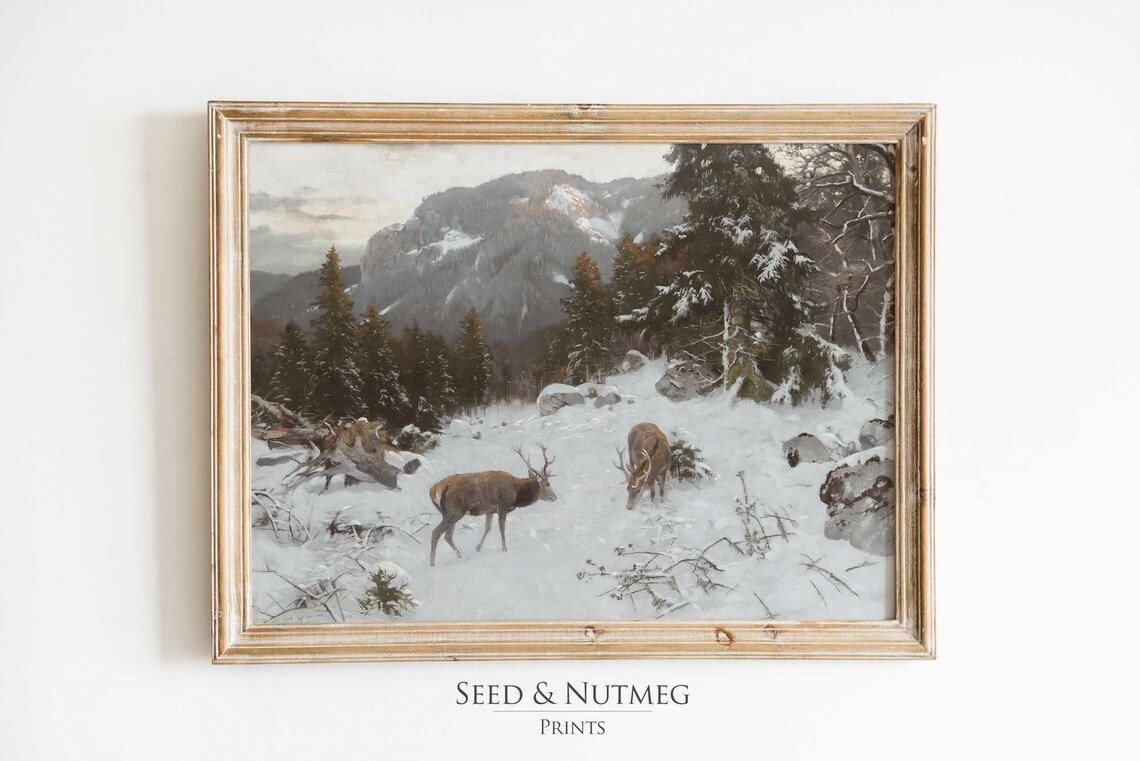 Two Deer Grazing in a Snowy Mountain Forest Vintage Winter Poster