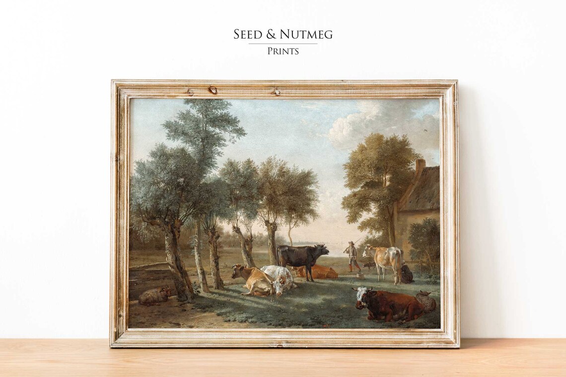Cows and Sheep in a Rustic Dutch Farmyard Vintage Pastoral Poster