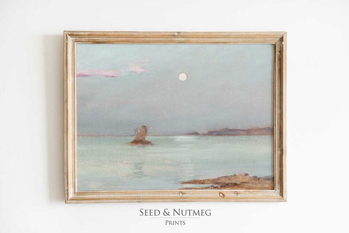 Full Moon Over Calm Sea Rock Vintage Minimalist Oil Painting Poster