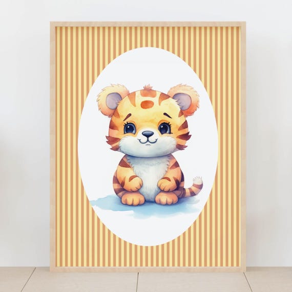 Baby Tiger Wall Art Striped Safari Nursery Decor Jungle Animal Kids Room Cute Playroom Artwork