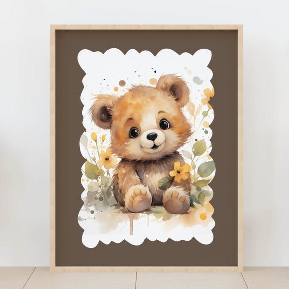 Watercolor Teddy Bear Print Sweet Nursery Wall Art Boho Baby Room Decor Gentle Animal For Kids