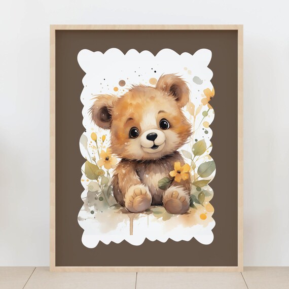 Watercolor Teddy Bear Yellow Wildflowers Boho Nursery Baby Poster