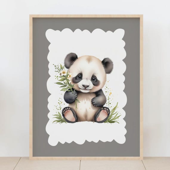 Sweet Baby Panda Print Floral Nursery Decor Watercolor Bamboo Forest Art For Gentle Kids Room Decoration