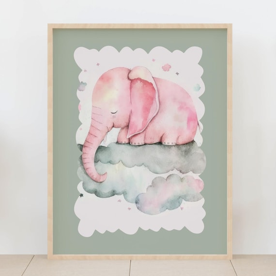 Pink Baby Elephant Sleeping Clouds Watercolor Sweet Nursery Print