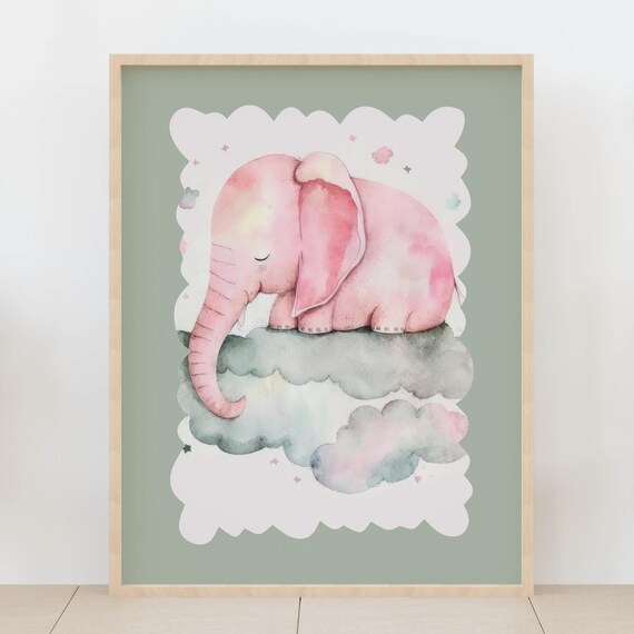 Pink Baby Elephant Sleeping On Cloud Watercolor Art Girl Nursery Sweet Dreams Print Pastel