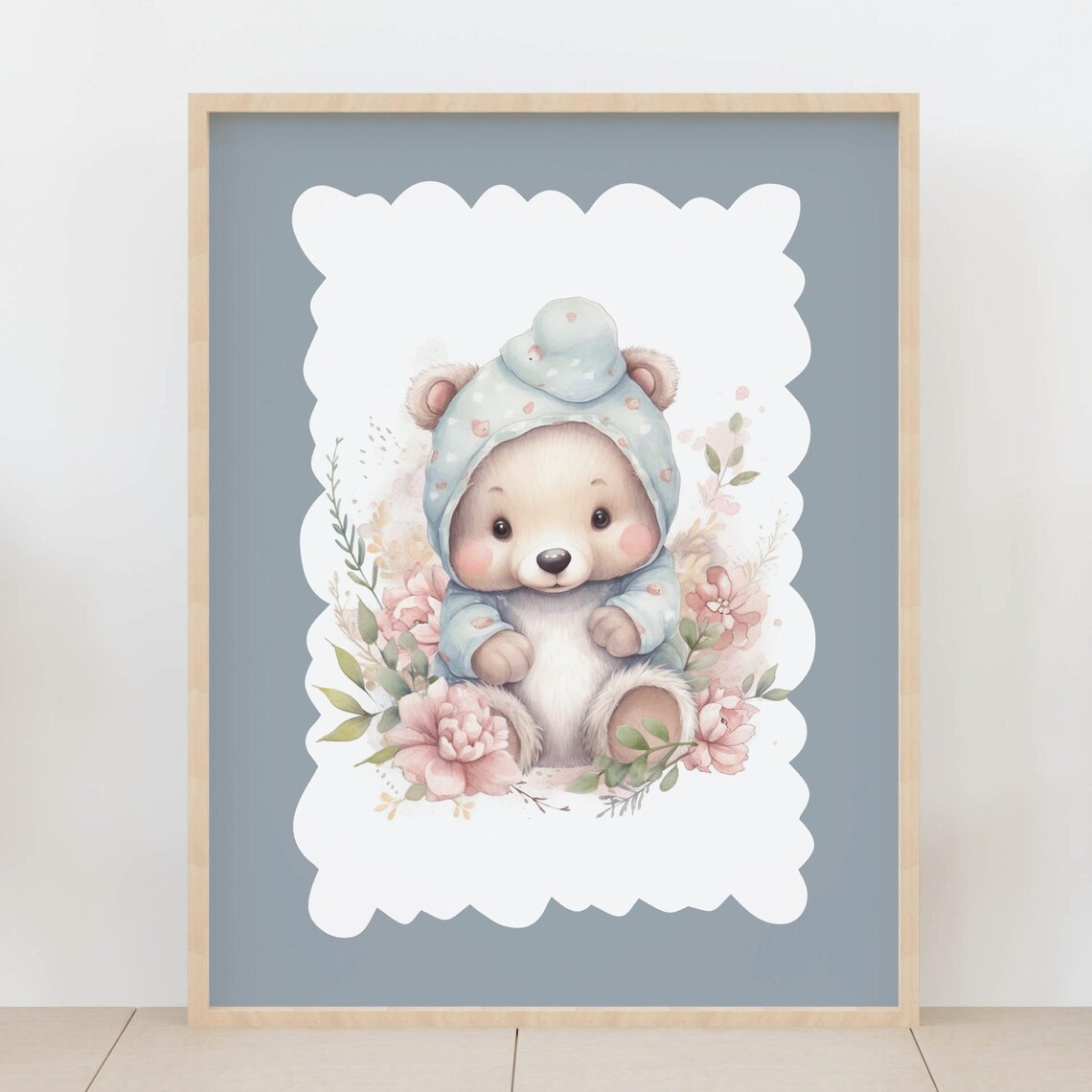 Sleeping Bear Blue Pajamas Pink Flowers Sweet Dreams Nursery Poster