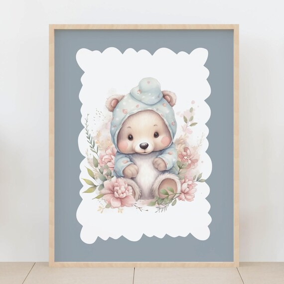 Sleeping Bear Blue Pajamas Pink Flowers Sweet Dreams Nursery Poster