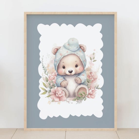 Sleeping Bear In Blue Pajamas Watercolor Art Sweet Dreams Nursery Print Cozy Baby Room Decor