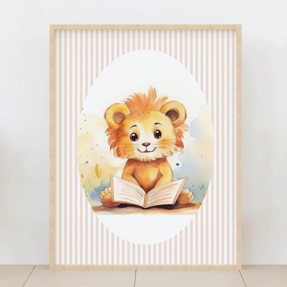 Cute Lion Cub Reading a Book Watercolor Nursery Safari Poster