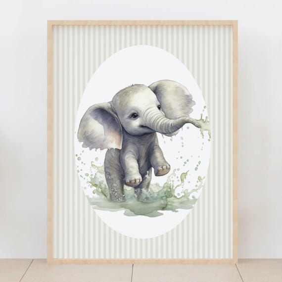 Kids Room Baby Elephant Wall Art Cute Safari Animal Nursery Decor Watercolor Jungle Wildlife Shower Gift
