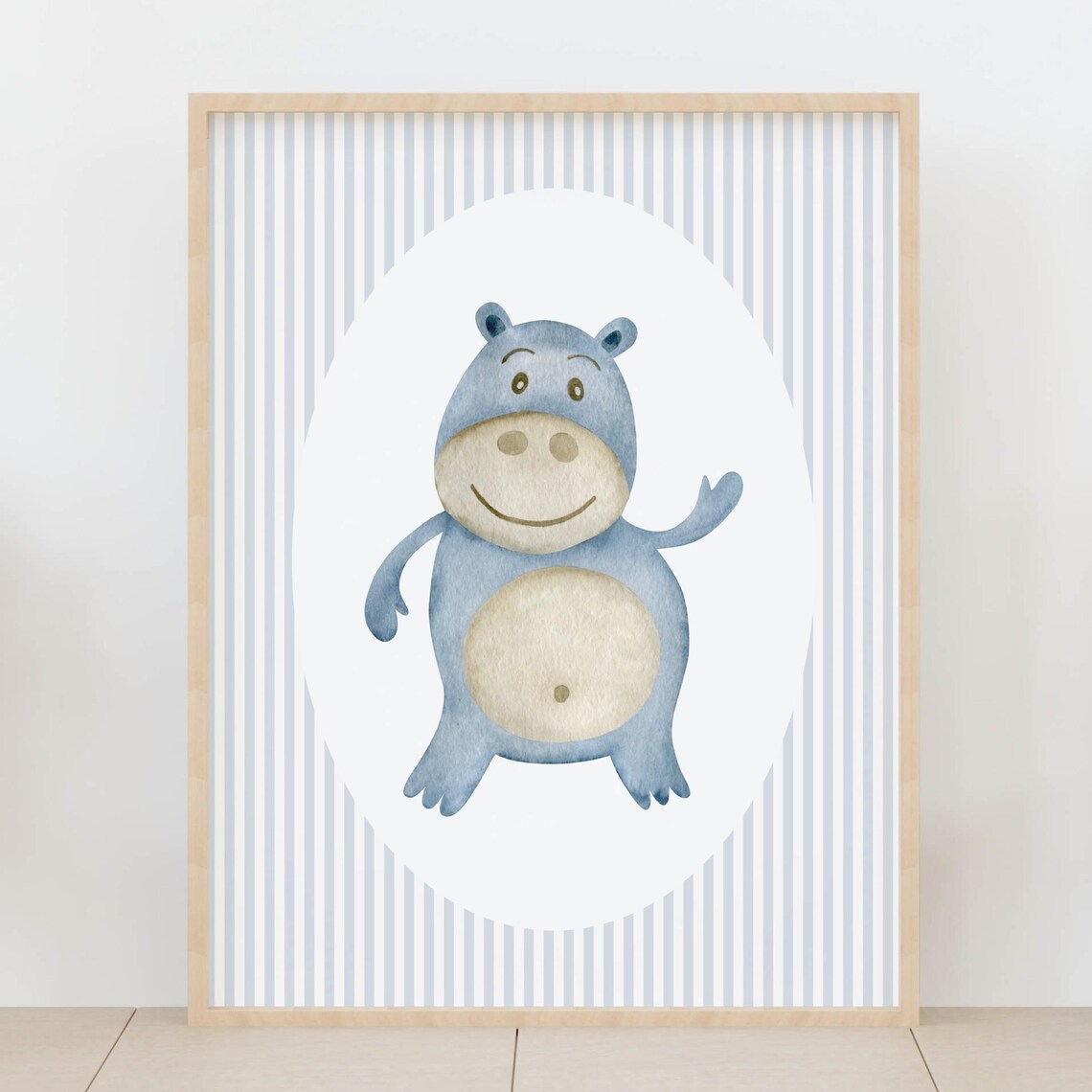 Cheerful Smiling Baby Hippo Watercolor Blue Nursery Wall Art
