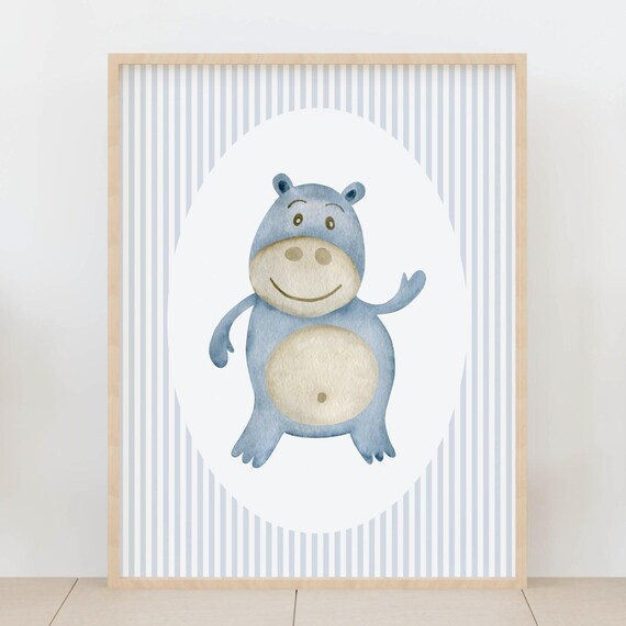 Cheerful Smiling Baby Hippo Watercolor Blue Nursery Wall Art