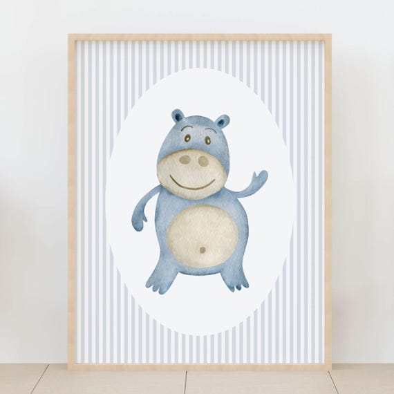 Cute Hippo Nursery Wall Art Blue Stripes Baby Room Dcor Animal Kids Poster Gender Neutral Artwork