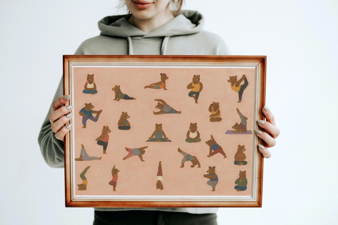 Yoga Bears Watercolor Animal Poses Nursery Studio Wall Poster