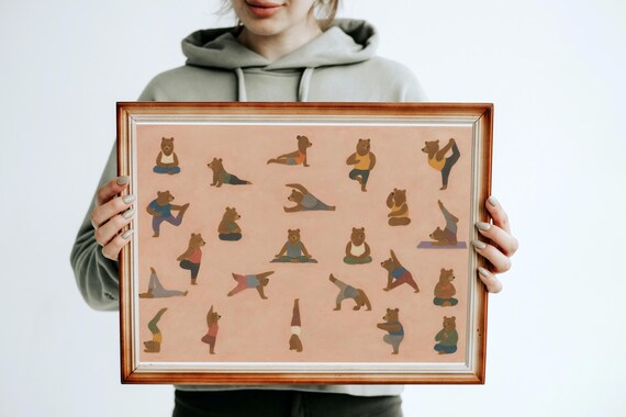 Yoga Bear Art Print Watercolor Animal Poses Nursery Studio Decor