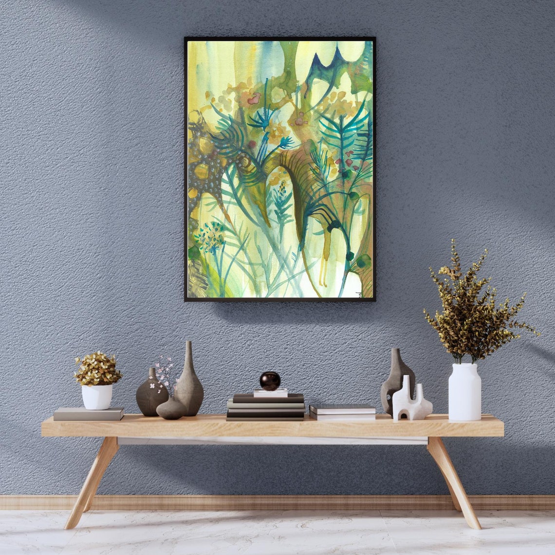Sage Green Watercolor Abstract with Curled Botanical Forms Poster