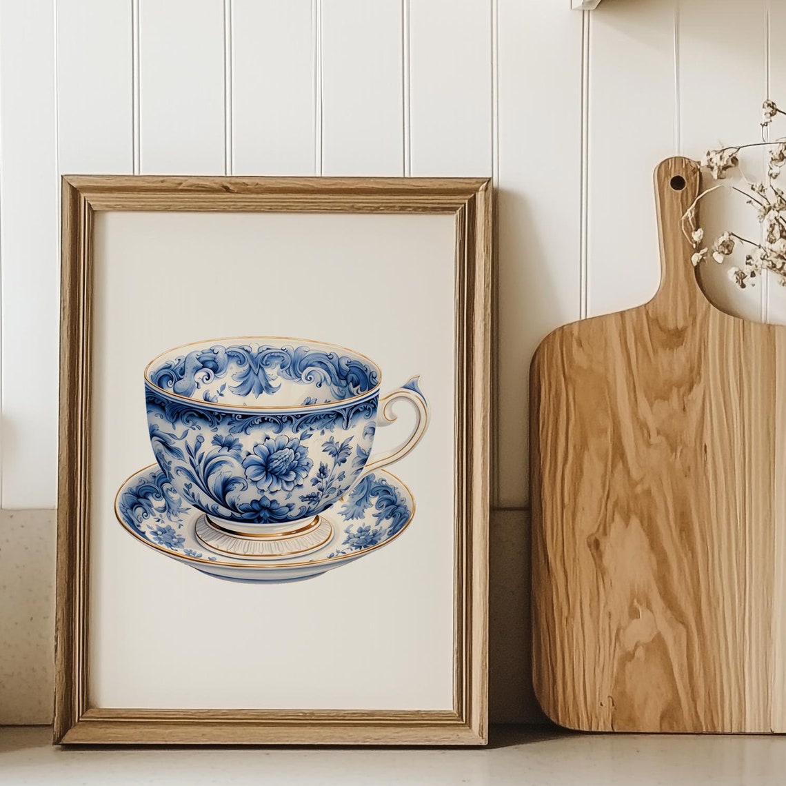 Chinoiserie Teacup Blue White Porcelain Floral Saucer Set Decor Poster