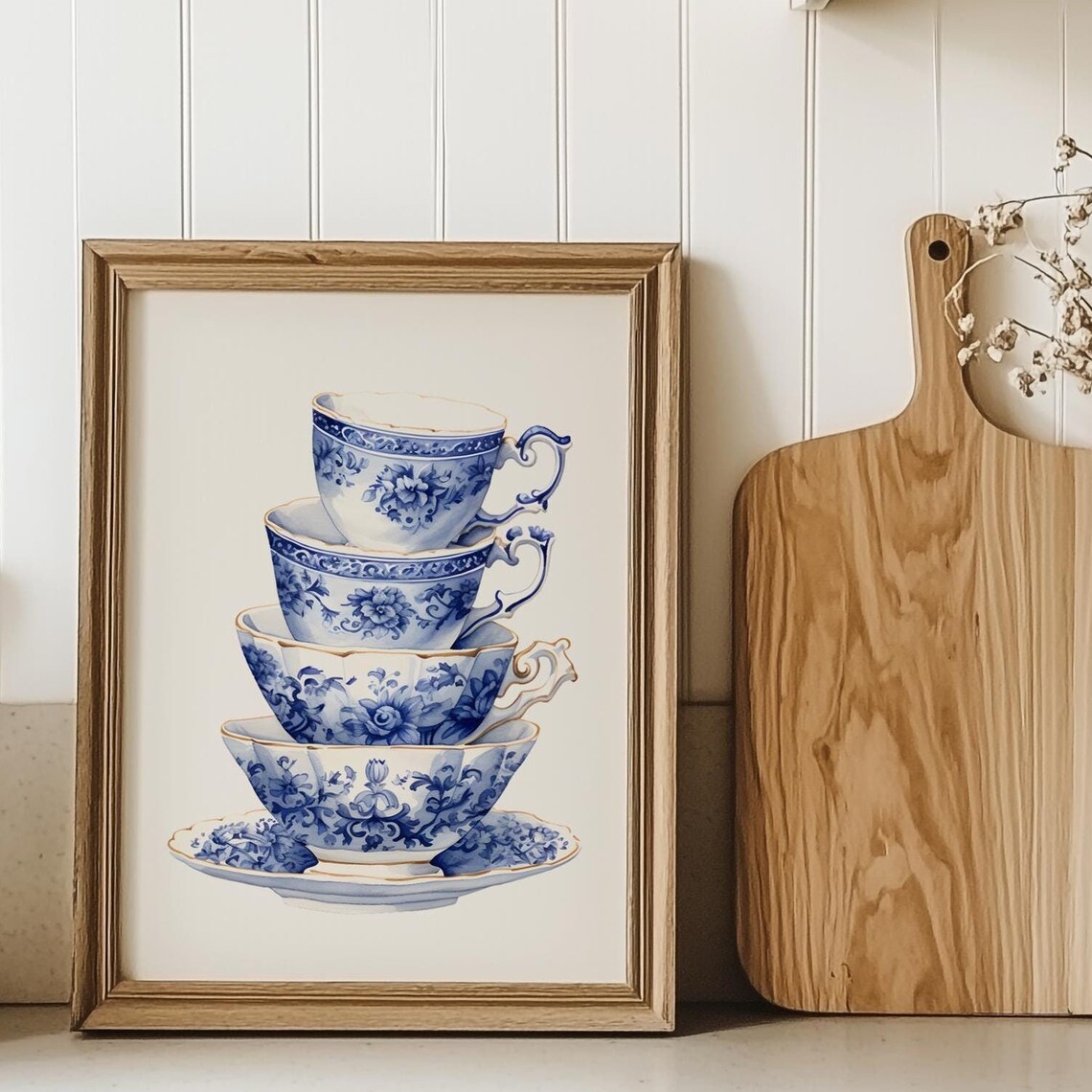 Stacked Chinoiserie Teacups Blue White Porcelain Floral Tower Poster