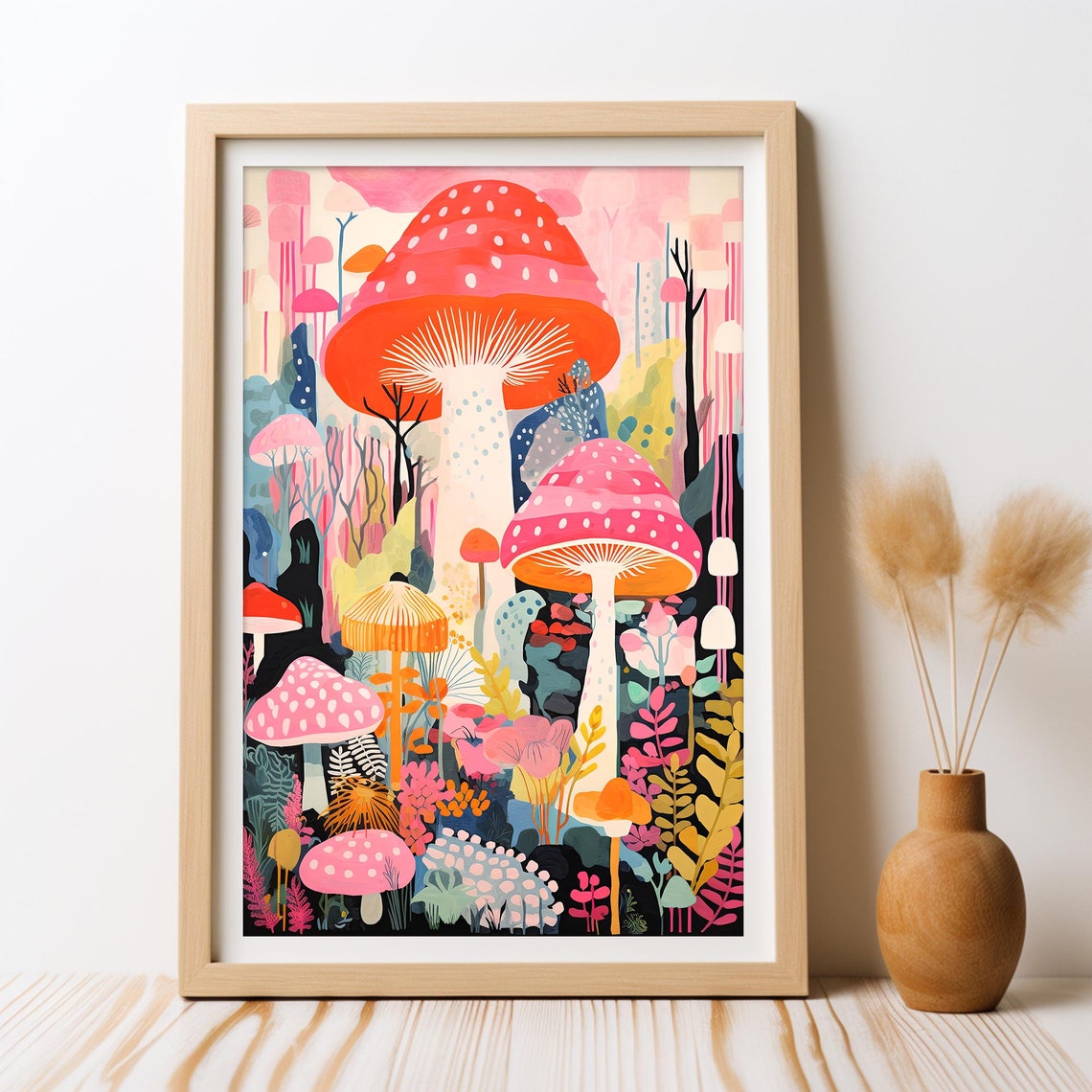 Mushroom Forest Poster Print, Whimsical Botanical Decor