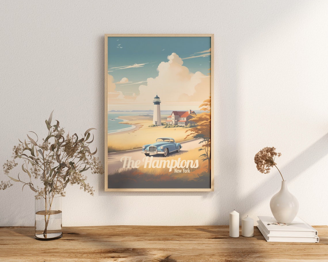 The Hamptons New York Lighthouse Beach Classic Car Vintage Poster