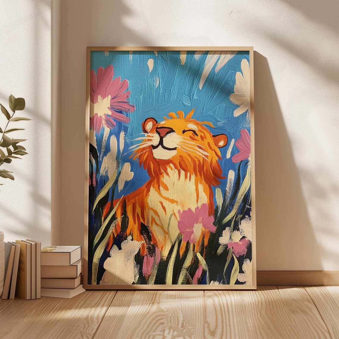 Happy Tiger Among Colorful Flowers Cheerful Impasto Style Poster - Image 4