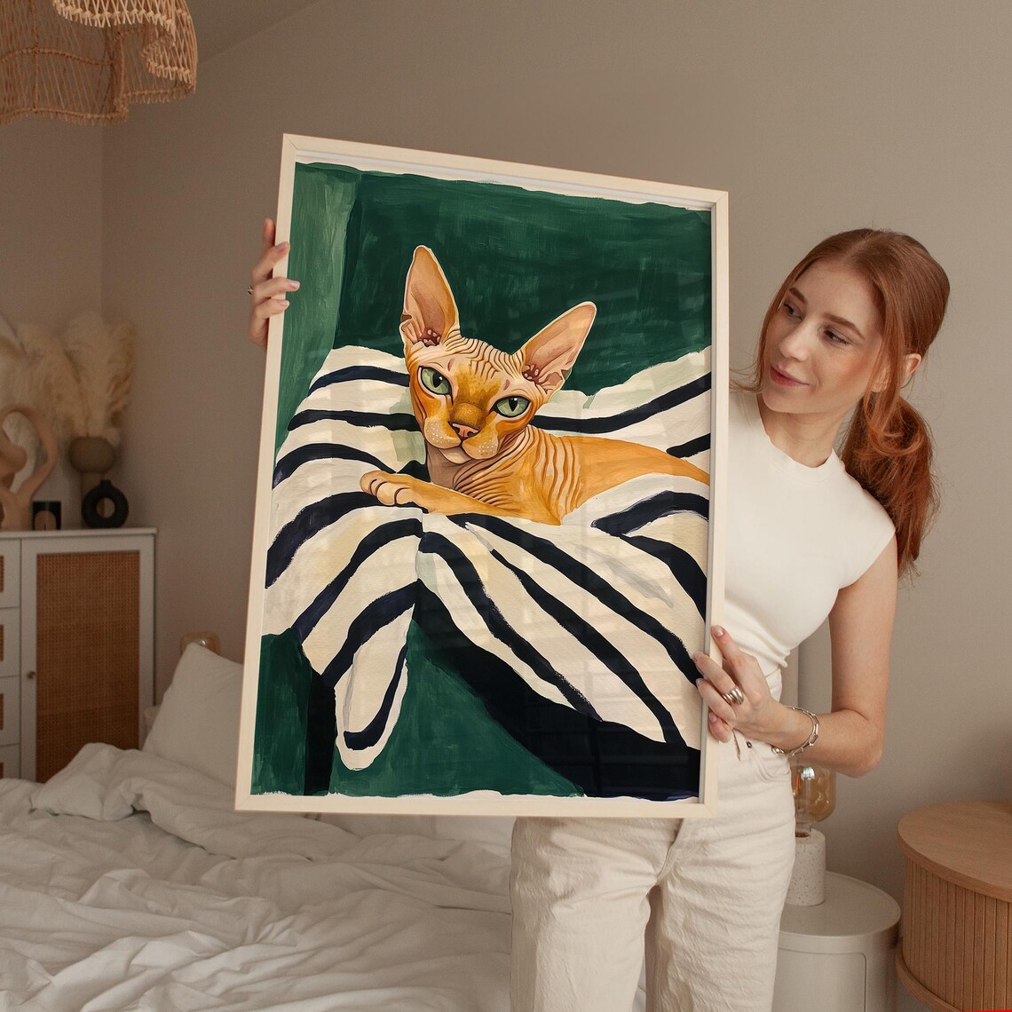 Sphynx Cat Portrait On Striped Blanket Emerald Green Art Poster - Image 5
