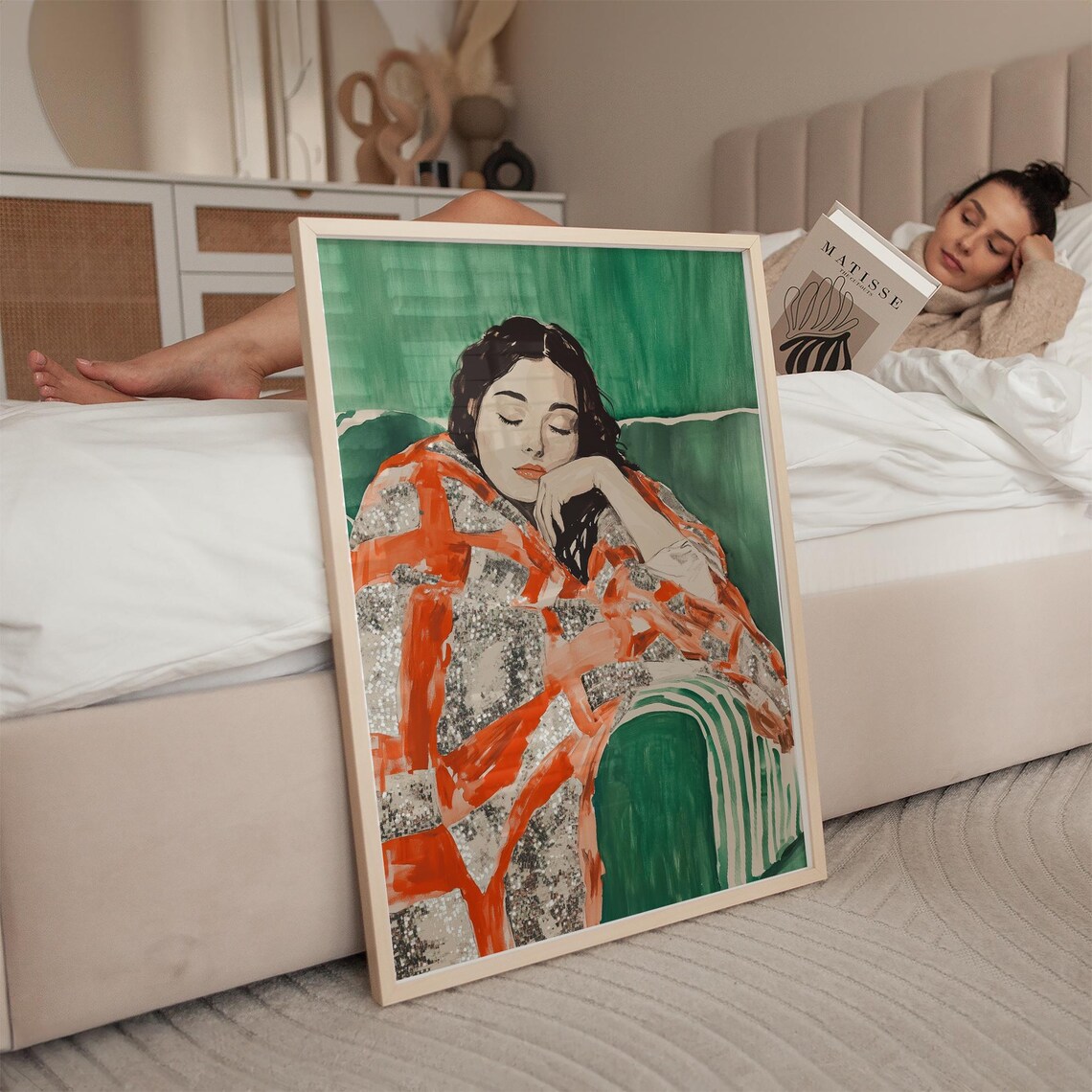 Woman In Orange Plaid Blanket Resting Against Emerald Green Poster - Image 2