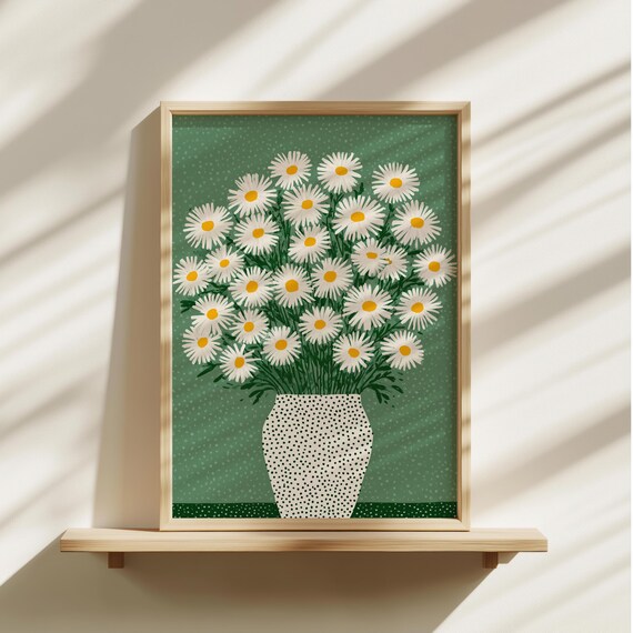 White Daisies In Spotted Vase Modern Botanical Floral Painting Poster