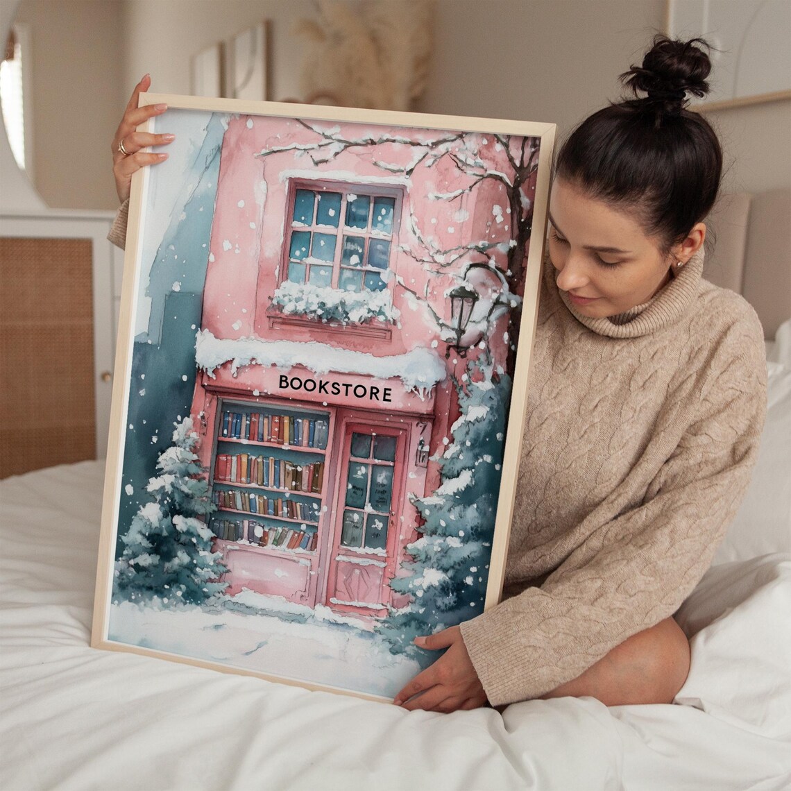 Snowy Pink Bookstore, Winter Bookshop Christmas Decor - Image 3