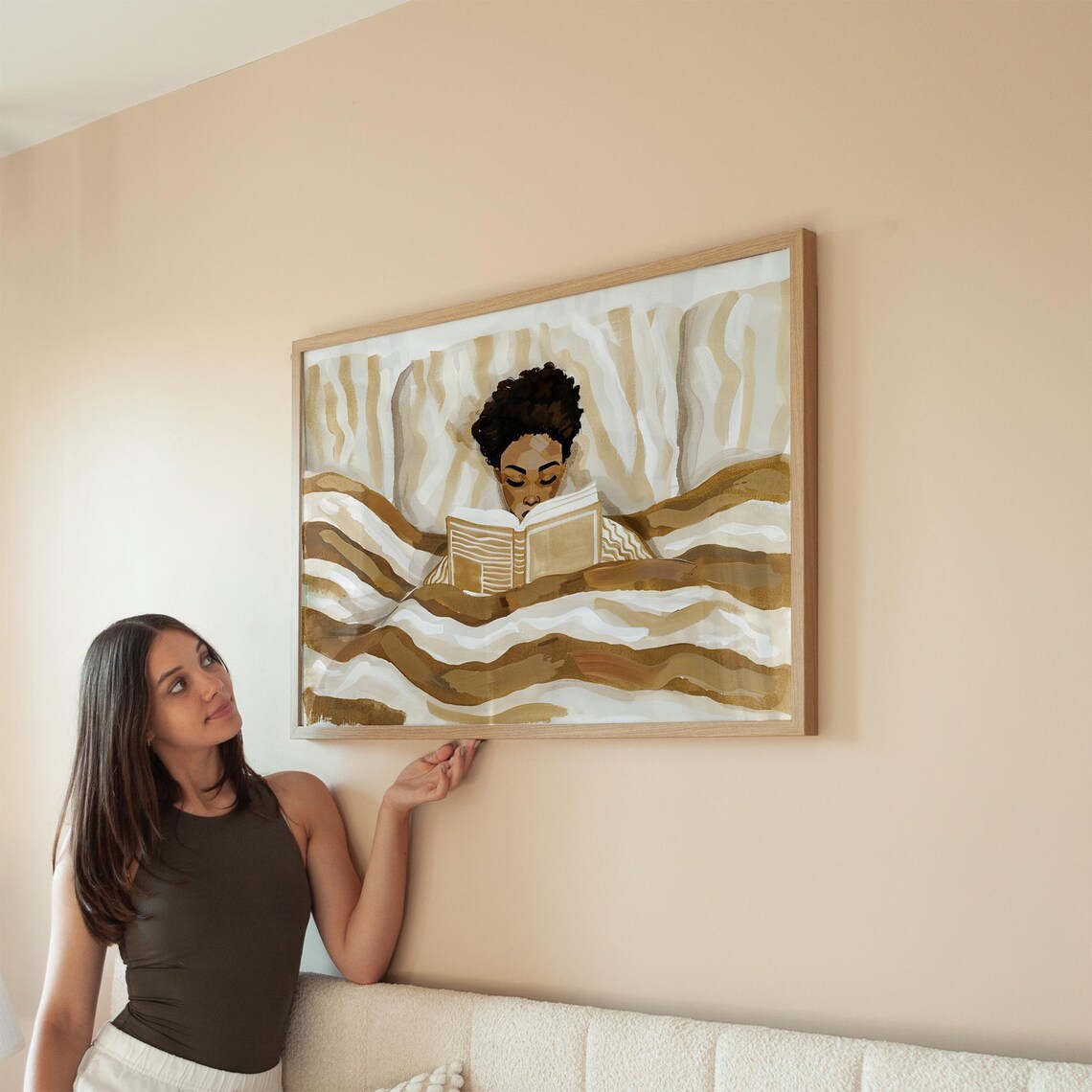 Cozy Woman Reading in Bed in Warm Beige Neutral Tones Wall Art - Image 5
