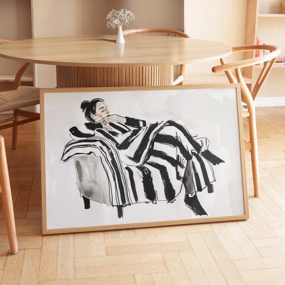 Modern Black White Art Minimalist Wall Print Stylish Woman Illustration Fashion Poster Relaxed Line Drawing Sofa Artwork