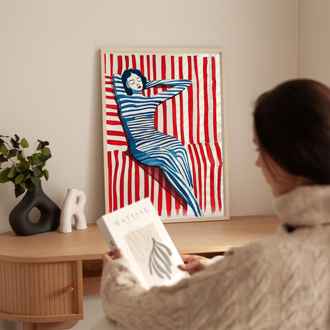Woman in Blue Striped Dress Reclining Against Red Stripes Poster - Image 3
