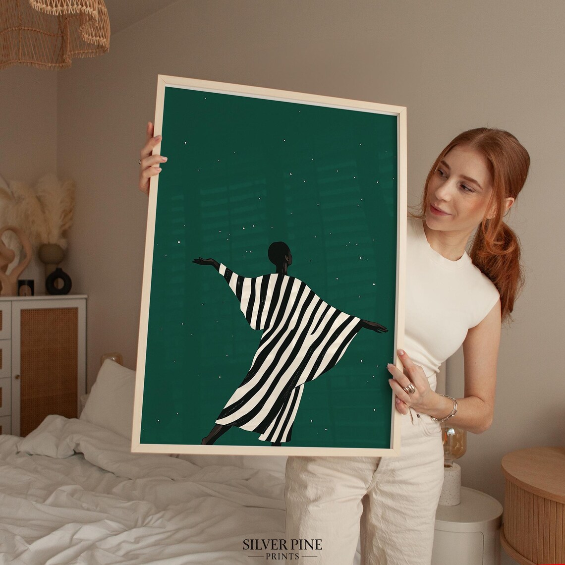 Silhouette Woman Dancing Under Stars Emerald Night Minimalist Poster - Image 5