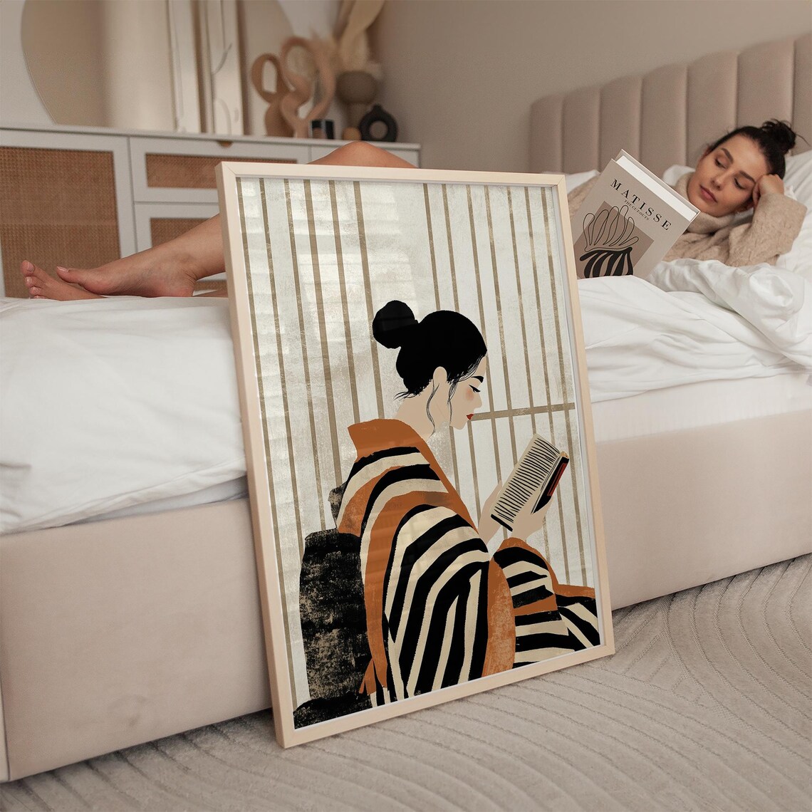 Woman Reading in Striped Kimono Robe Elegant Minimalist Book Poster - Image 3