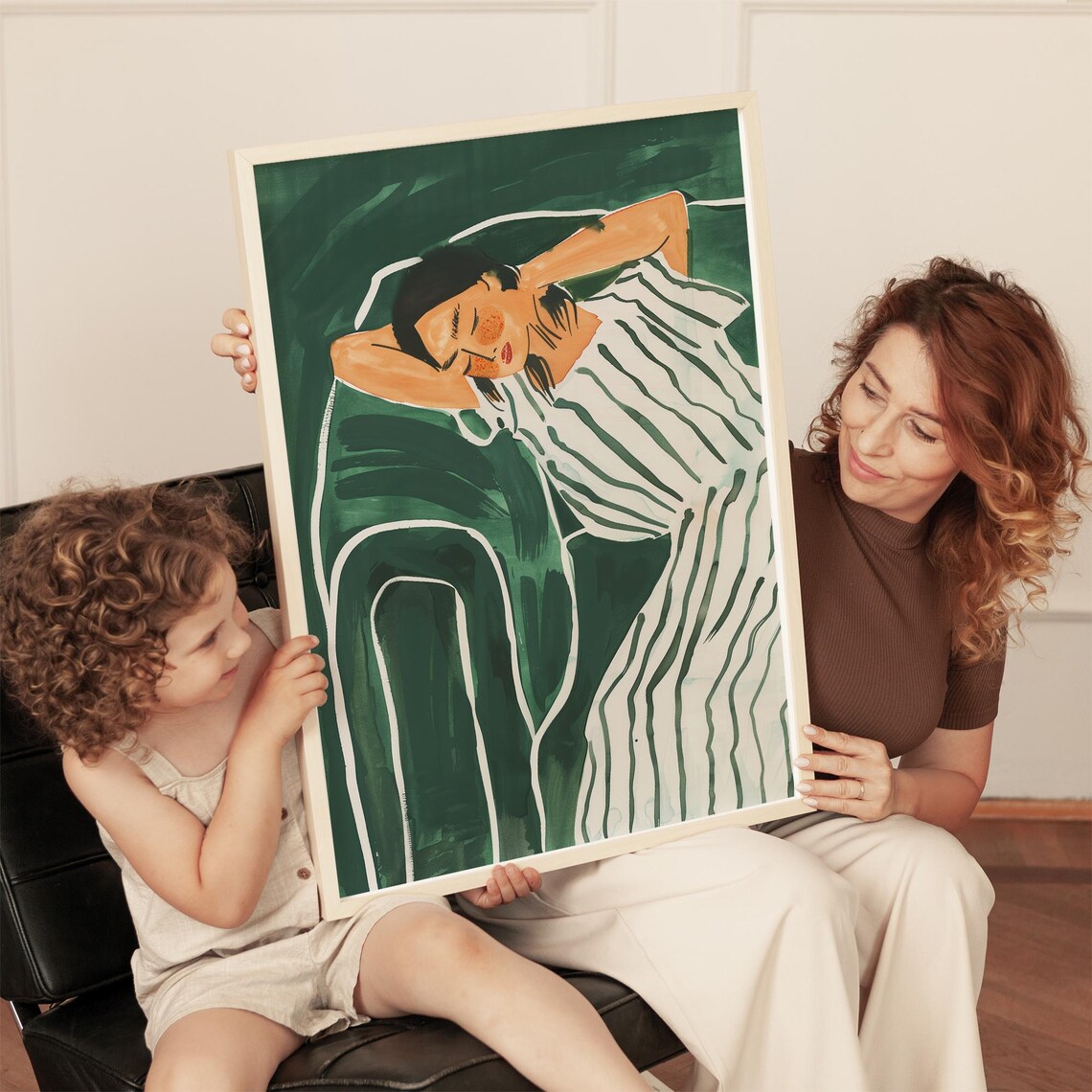 Sleeping Woman in Striped Dress on Deep Emerald Green Art Poster - Image 3