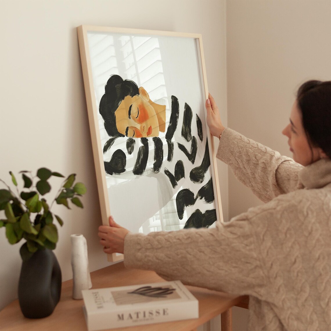 Sleeping Woman in Zebra Stripe Robe Serene Minimalist Bedroom Poster - Image 3