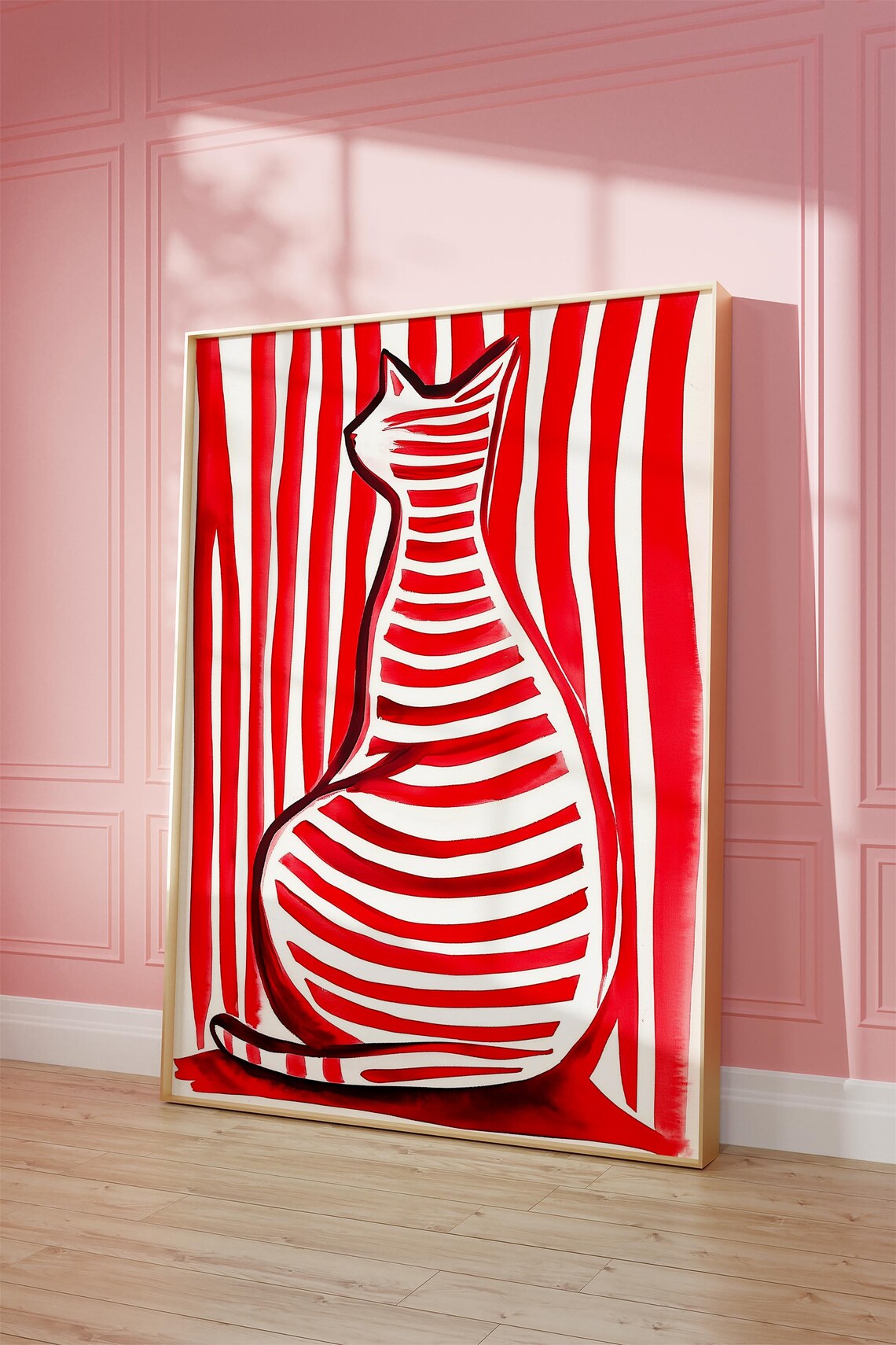 Red Striped Cat, Minimalist Abstract Pet Poster - Image 2