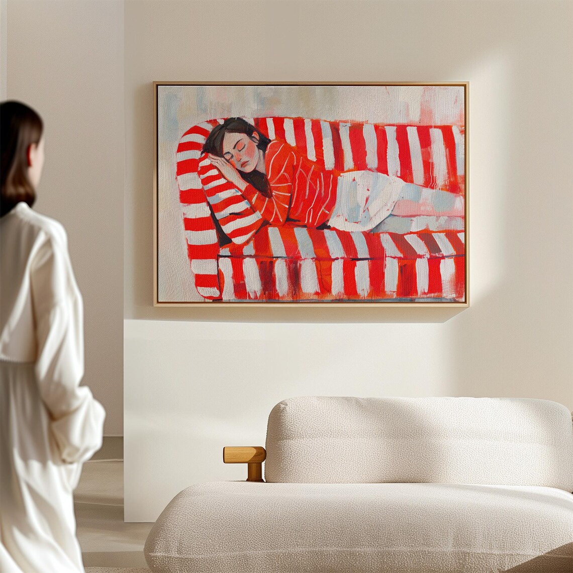 Woman Sleeping on Red Striped Couch Painterly Cozy Bedroom Poster - Image 2