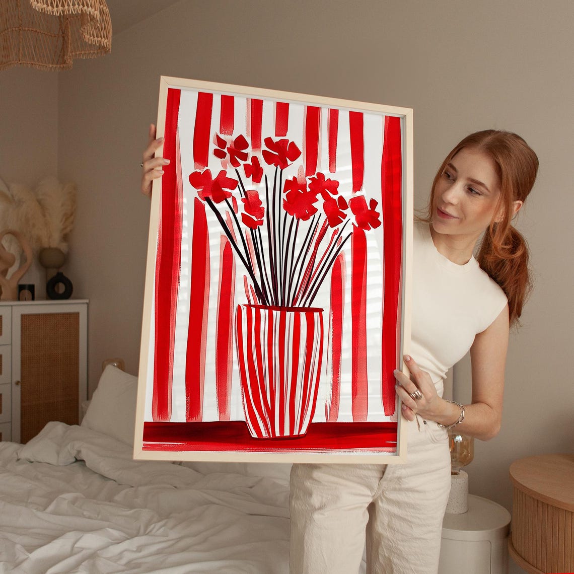 Red Striped Flower Vase Art Minimalist Wall Print Modern Floral Abstract Poster Bold Red Artwork Contemporary Home Decor - Image 4