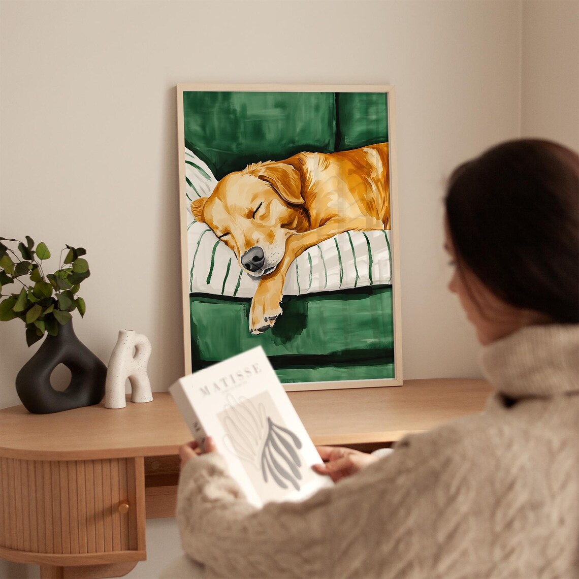 Golden Retriever Sleeping on Sofa, Minimalist Pet Decor - Image 2