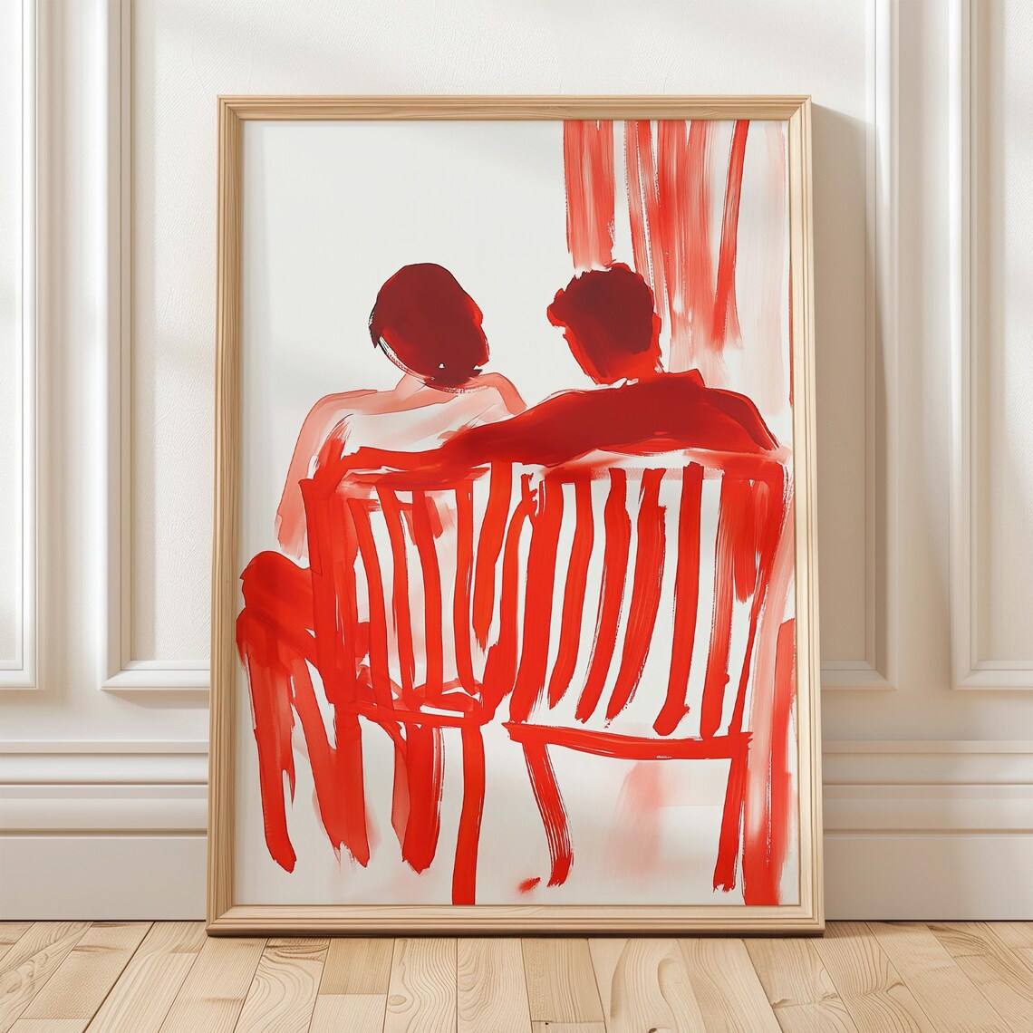 Couple On Red Bench, Minimalist Watercolor Art Print