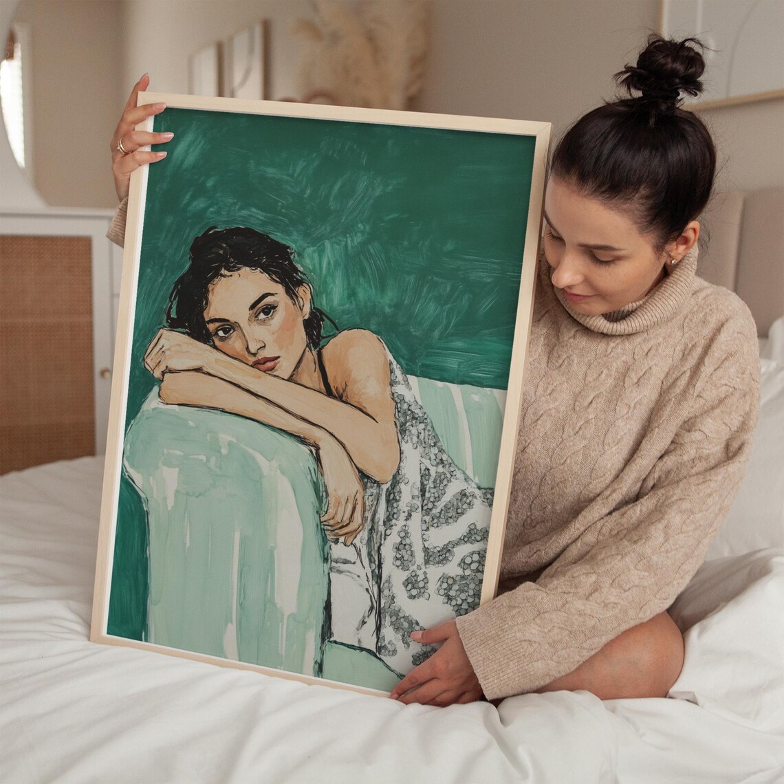 Resting Woman Portrait on Teal Green Modern Feminine Wall Poster - Image 3