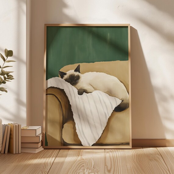 Sleeping Siamese Cat on Striped Blanket Green Cozy Pet Poster