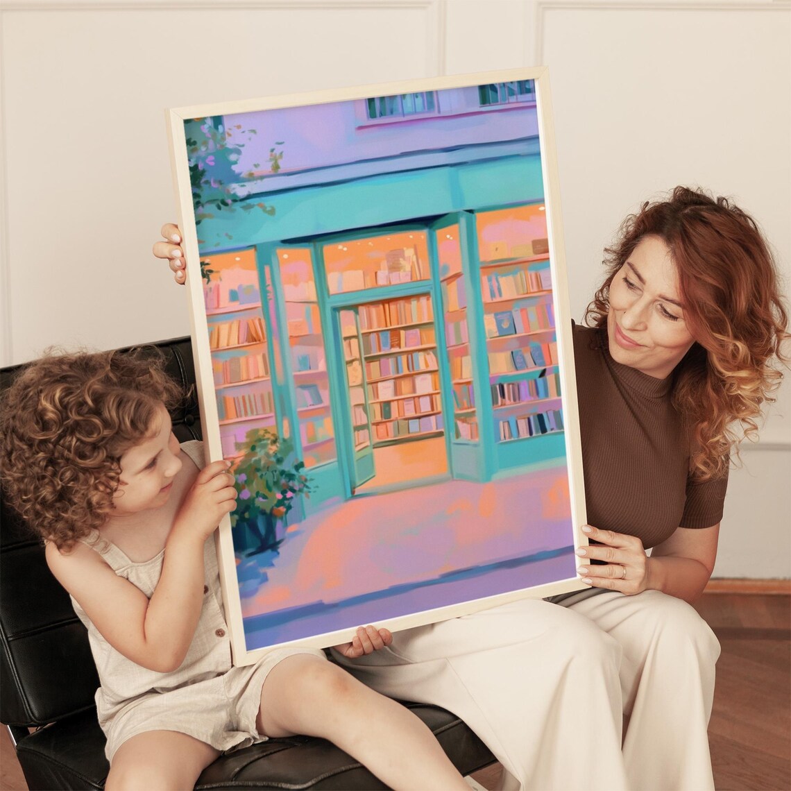 Pastel Turquoise Bookstore Storefront Painting With Warm Glow Poster - Image 4