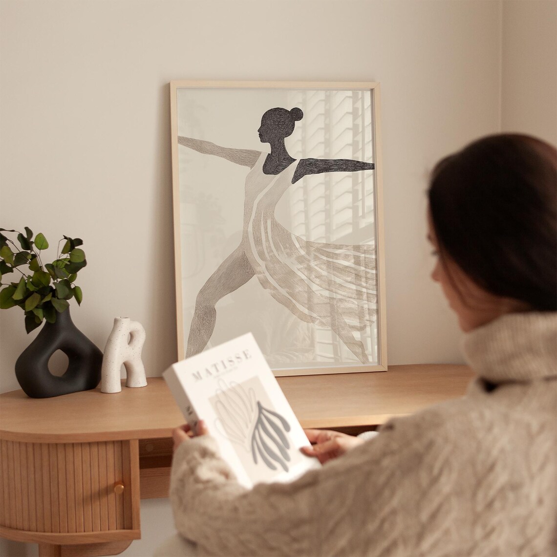 Dancer in Flowing Skirt Neutral Beige Abstract Sketch Art Poster - Image 4