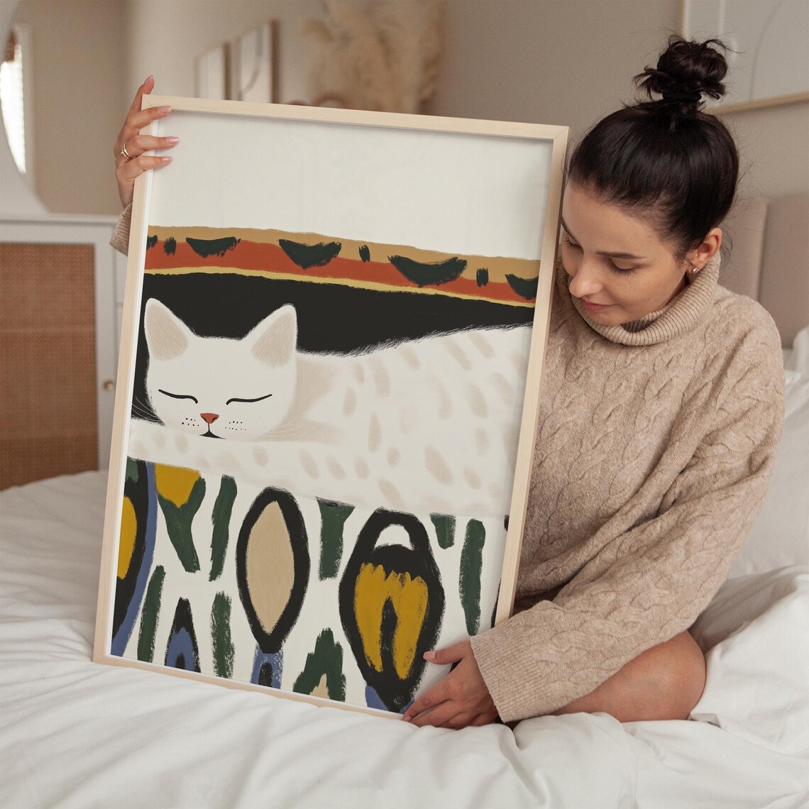 Minimalist Sleeping White Cat Patterned Wall Modern Art Poster - Image 2