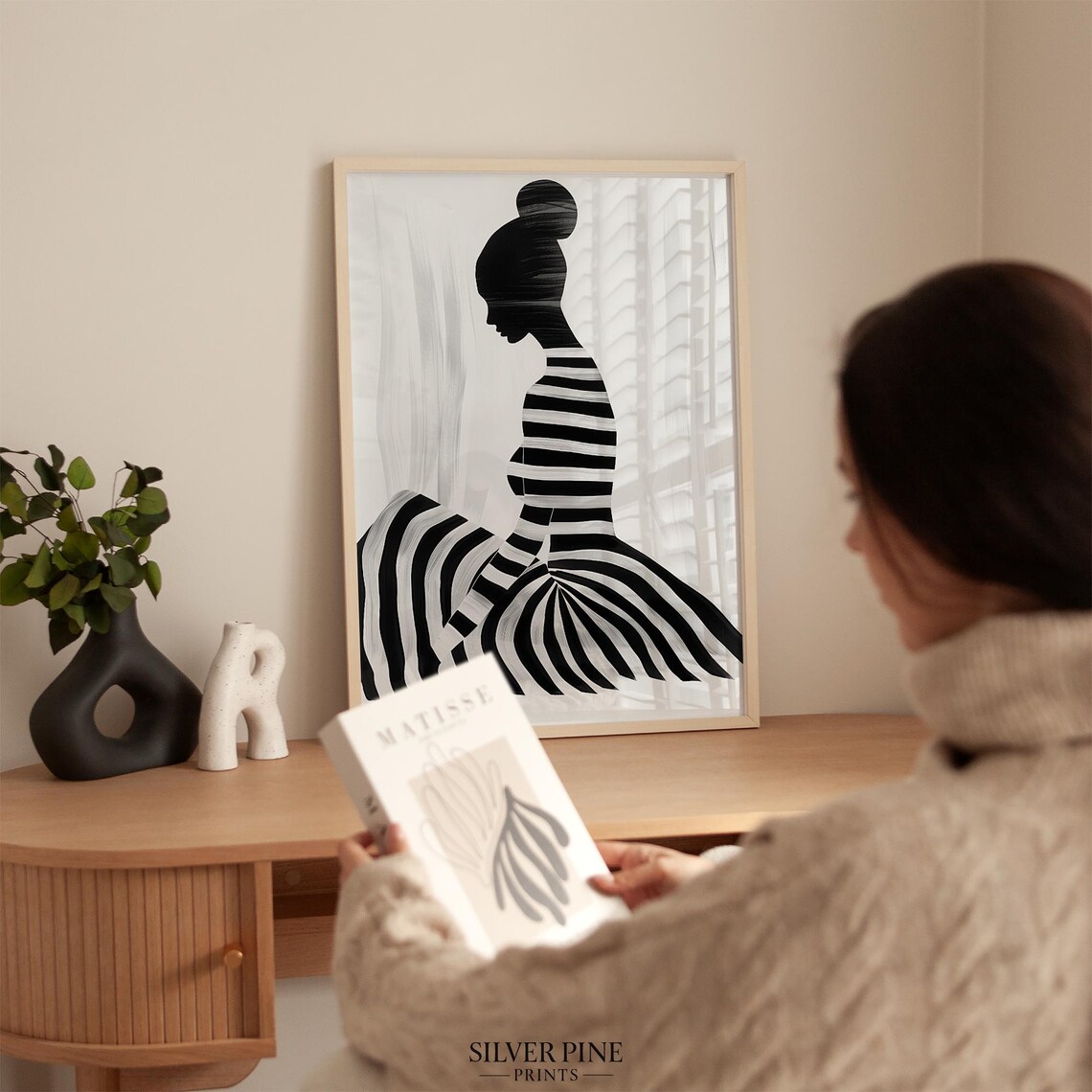 Seated Woman Profile with Topknot Radiating Striped Skirt Poster - Image 4
