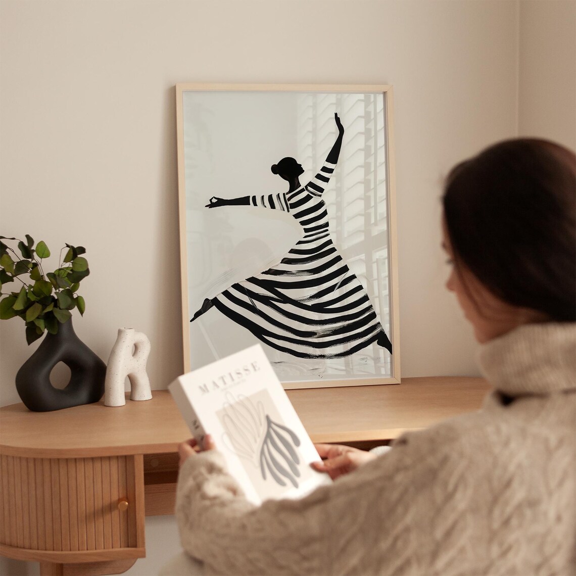 Monochrome Striped Dress Dancer Ink Silhouette Portrait Poster - Image 3
